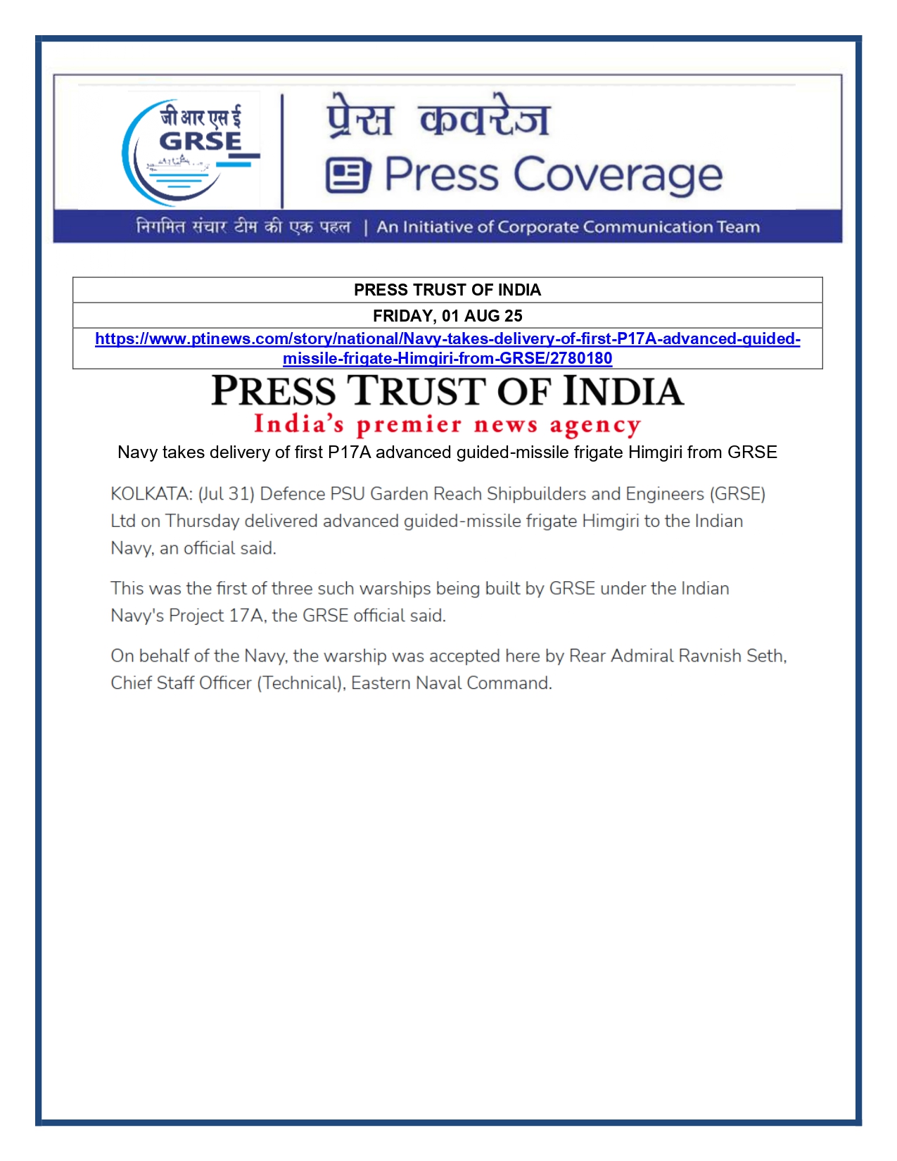 Press Coverage : 1 Aug 25:Another indigenous warship joins Navy